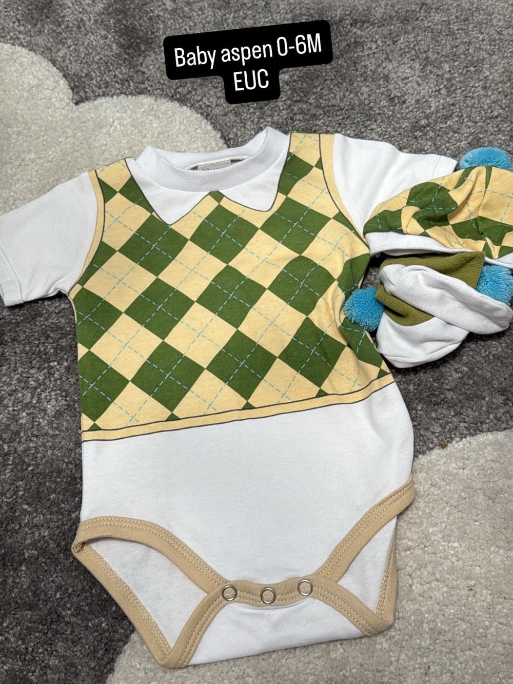 Baby Aspen Green and Cream Argyle One-Piece Bodysuit